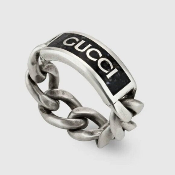 New Gucci Logo Chain Ring Silver Black Enamel Sz 18 IT 8.25 US - Picture 1 of 11